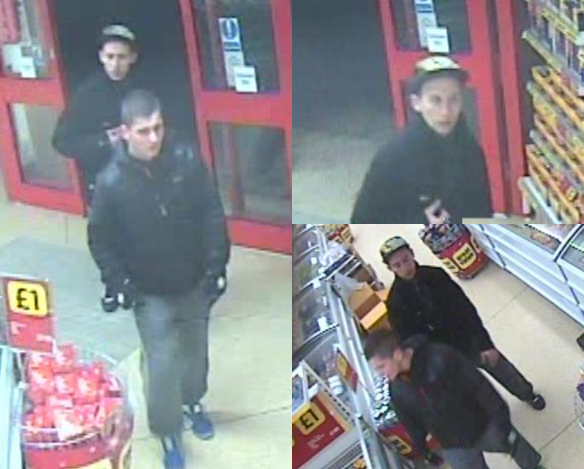 Iceland CCTV CCTV images of two males police want to speak to in connection with the theft of goods from a Telford Town Centre store.