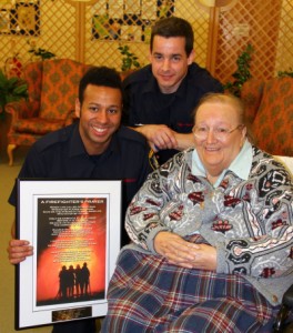 Marion Broome (88) with firefighters Lee Guinea (left) and Mark Barnett who helped rescue her as she lay in bed surrounded by choking black smoke. Marion Broome (88) with firefighters Lee Guinea (left) and Mark Barnett who helped rescue her as she lay in bed surrounded by choking black smoke.