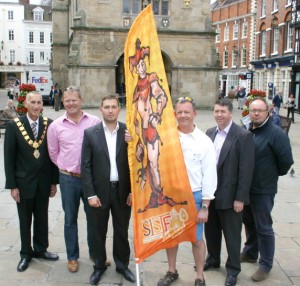 Mayor of Shrewsbury, Councillor Tony Durnell, David Schofield, financial director, Benson Bros Jim Halford, sales engineer, Jackson Lift Group, Simon Airey, SISTF, Nicholas Pitt, general manager, Darwin, Pride Hill & Riverside Shopping Centres and Robert Hancocks, group managing director, Benson Bros.