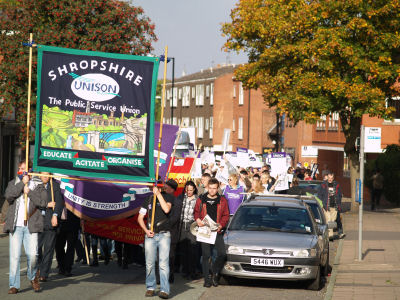 UNISON members march from Abbey Foregate to Shirehall