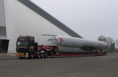 The fuselage of Nimrod R.1 XV249 was escorted from Kemble, Gloucestershire with the load measuring some 38 metres in length. The fuselage of Nimrod R.1 XV249 was escorted from Kemble, Gloucestershire with the load measuring some 38 metres in length.