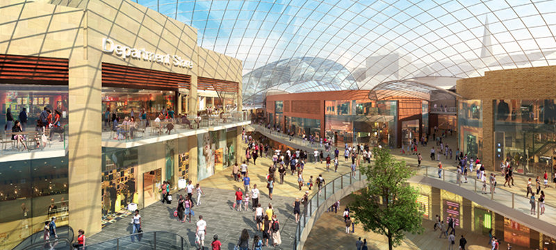The new shopping mall will be covered by a glass, petal-shaped grid shell roof. The new shopping mall will be covered by a glass, petal-shaped grid shell roof.
