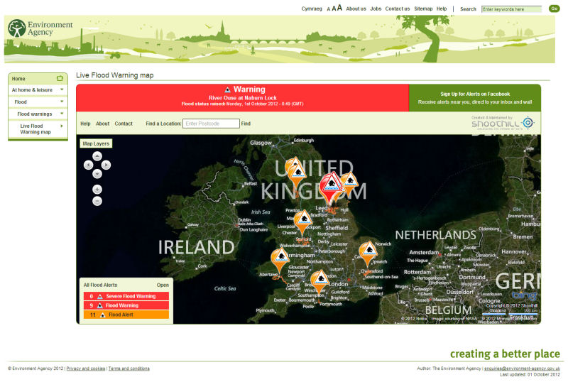 FloodAlerts, created by Shrewsbury-based software development and data specialists, Shoothill Ltd, takes live data from the Environment Agency's nationwide network of monitoring stations and overlays it on detailed Microsoft Bing Maps. FloodAlerts, created by Shrewsbury-based software development and data specialists, Shoothill Ltd, takes live data from the Environment Agency's nationwide network of monitoring stations and overlays it on detailed Microsoft Bing Maps.