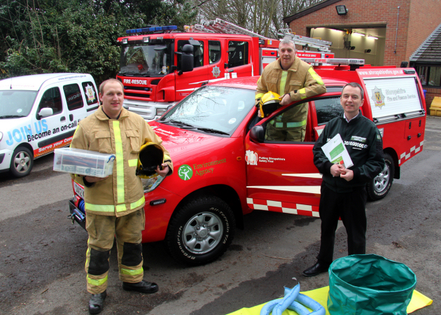 Minsterley firefighters Paul Scott and Crew Manager Mick Davies and the Environment Agency’s John Bateman with the new environment protection vehicle at Minsterley Fire Station.