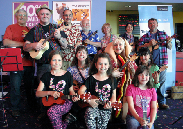 Shrewsbury and Bridgnorth Ukulele orchestra, played in the cinema’s foyer after carrying out a flash mob
