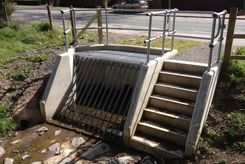 The trash screen installed in front of the drain by Fabweld as part of the Percy Thrower’s, a Wyevale Garden Centre, development