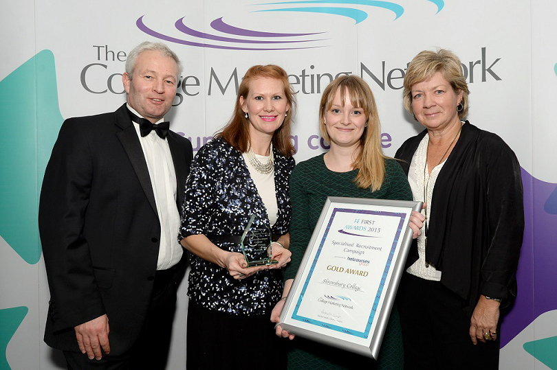 David Morgan, Chief Executive of Marketing and Communications at City & Guilds, Campaign Co-ordinator, Catherine Buckley, Graphic Designer, Mia Tivey and Marketing and Admissions Team Leader, Charmian Turner, accept their award at the College Marketing Network annual awards gala dinner at the Hilton Hotel, Leicestershire