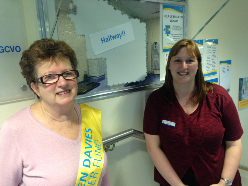 Liz Doyle (Office Volunteer) and Louise Dawson (Fundraising Manager) by the Linear Accelerator jigsaw inside the Lingen Davies Centre. Each piece represents £750 donated towards the appeal, meaning the jigsaw is now halfway to being completed.