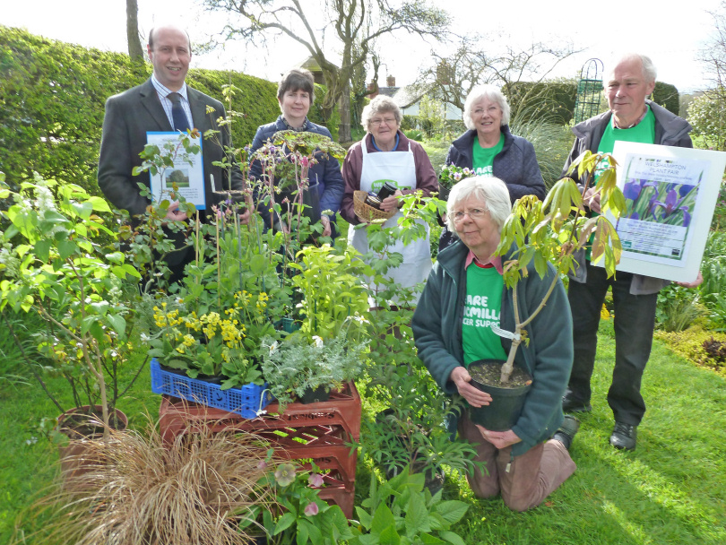 Welshampton Plant Fair co-ordinator Gillian Eleftheriou (front) with (from left) Halls’ senior auctioneer and valuer Andrew Beeston and team members Sarah Hall, Beth Marsh, Gillian Webster and John Webster with a few of the plants that will be sold on Monday