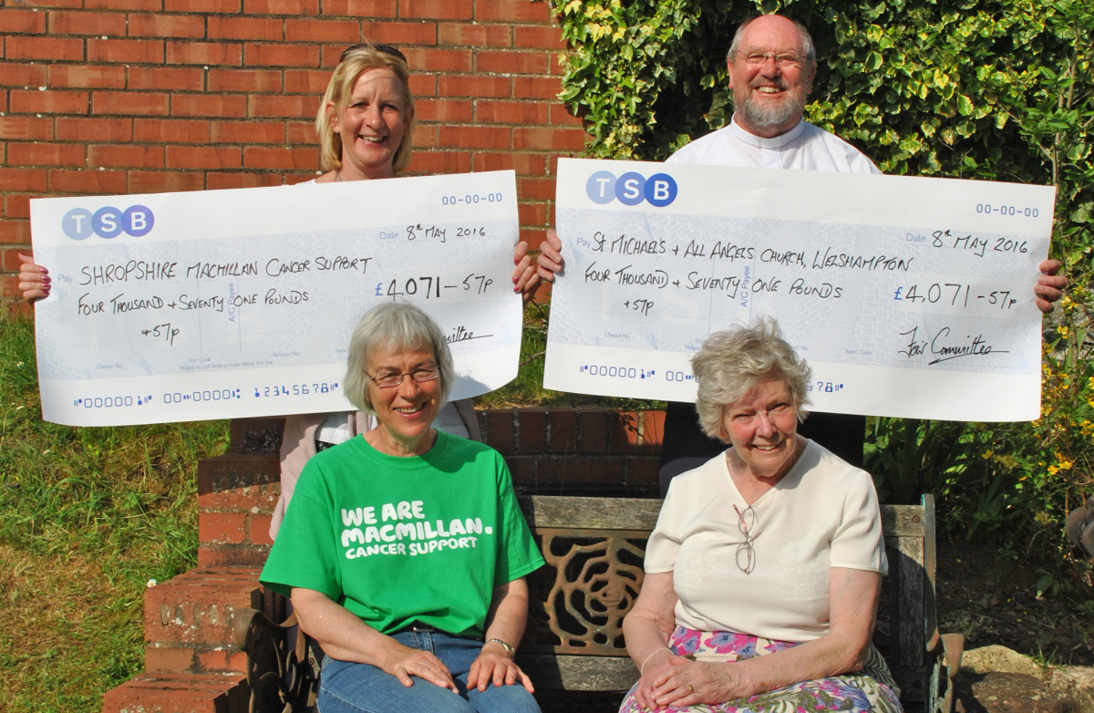 Welshampton Plant Fair committee members Glo Wright and Jean Phillips (both seated) who presented cheques to Macmillan Cancer Support’s fundraising manager in Shropshire Helen Knight and the Rev Stephen Harrop from All Angels Church, Welshampton