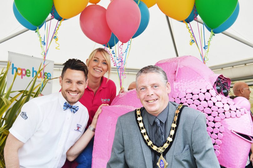 Lynsey Kilvert Hope House, Area Fundraiser Shropshire Powys, Ben Knowles, managing Director of the British ironwork Centre & Oswestry Town Mayor Cllr Paul Milner