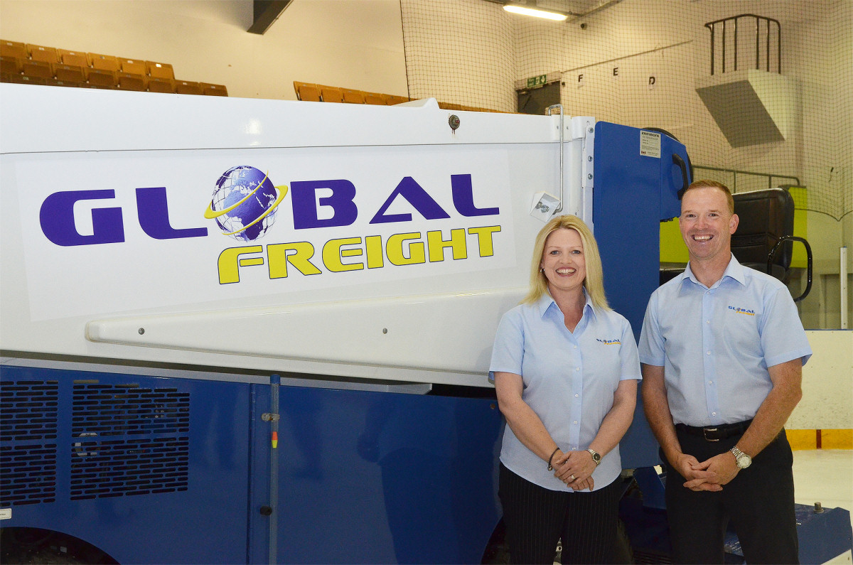 Managing Director Nicole Gunter and Anton Gunter, National Sales Manager, with the Global Freight branded Zamboni