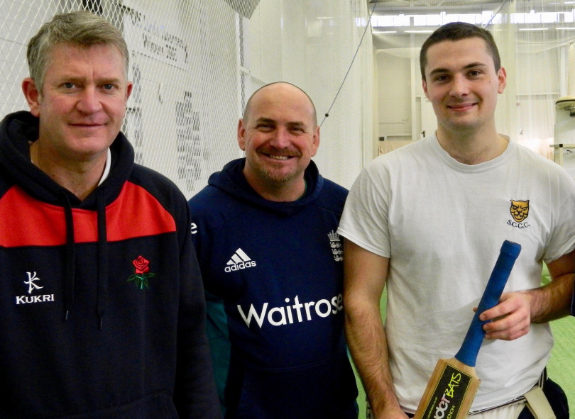 Former Lancashire star Gary Yates, left, in the nets at Shrewsbury School with Shropshire’s Director of Cricket Karl Krikken and captain Steve Leach