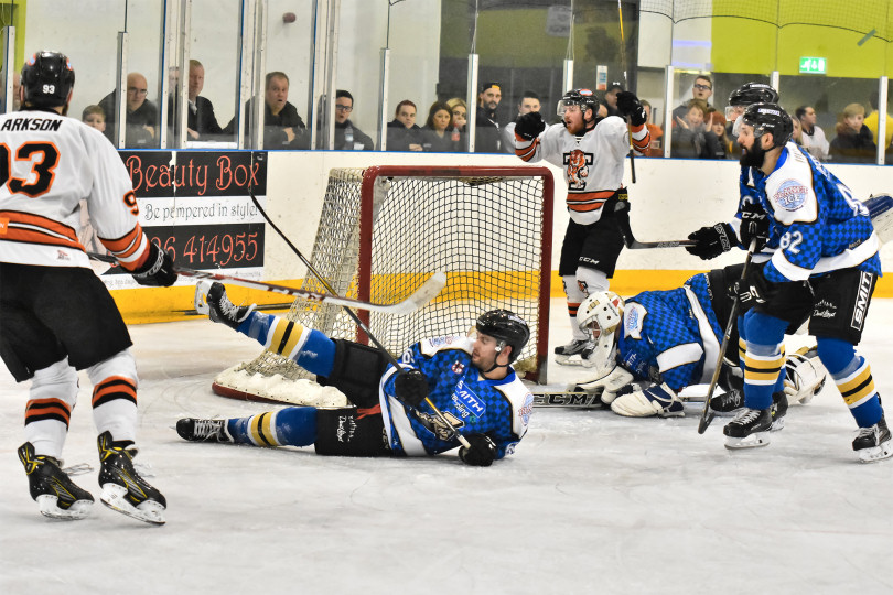 Matty Davies watches a shot go wide for Telford