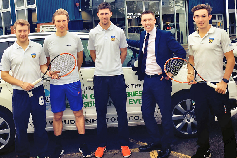 All set for Leeds is The Shrewsbury Club's tennis team, from left, captain Alex Parry, Luke Henley, Simon Ferguson and Ed Gibbs, with, second right, Sam Owen, from club sponsors Budgen Motors, who have provided the team with a car to take them to Yorkshire