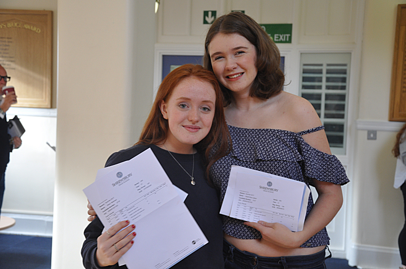 Shrewsbury High School Head Girl Alexa Newman and Deputy Head Girl Sarah Callear celebrate top A-level results