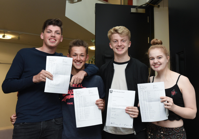 Jamie Martin, Laurence O'Brien, Jake Handley, Sophie McCleary with their results at William Brookes School