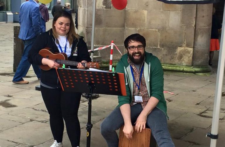 Musicians Bex and Olly performing at a previous Shrewsbury's Big Busk