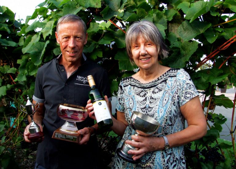 Geoff and June Ferguson with some of the awards won by Kerry Vale Vineyard