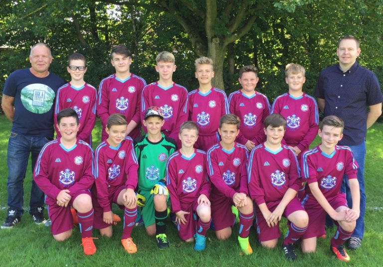 Ercall Colts u-13s in their new kit sponsored by Buckatree Hall Hotel. On the left, coach Nick Guy, and on the right hotel general manager Wayne Jenson