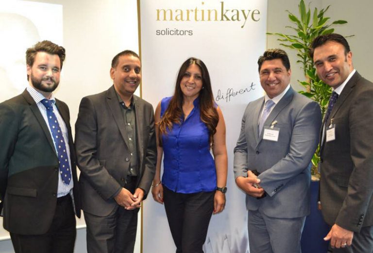 At the latest Martin-Kaye Solicitors event are, from left, Jason Round, Amrik Chote and Kay Gill (from Monaco Insurance Services Ltd), Cllr Mak Singh, and Rakesh Saini