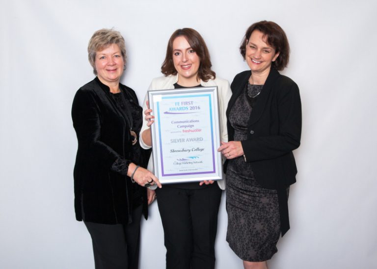 Representing the Shrewsbury College Marketing Team at the 2016 College Marketing Network Awards are Charmian Turner, Harriet Leith and Alex Hankinson King