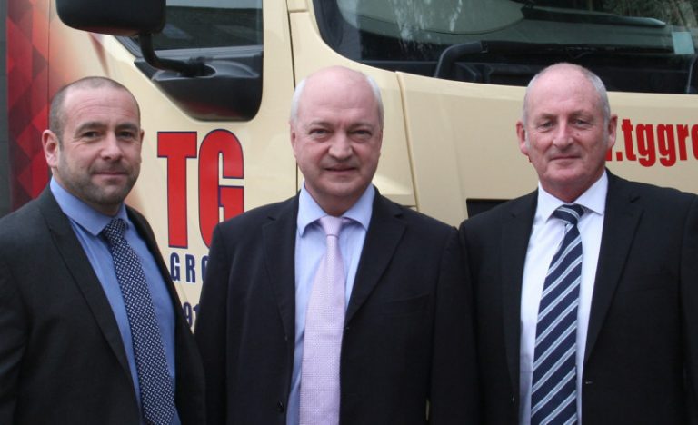 Kevin Gardner (right) who is retiring from Tudor Griffiths Builders’ Merchants with Tudor Griffiths (centre) and Kevin’s successor, Mark Evans
