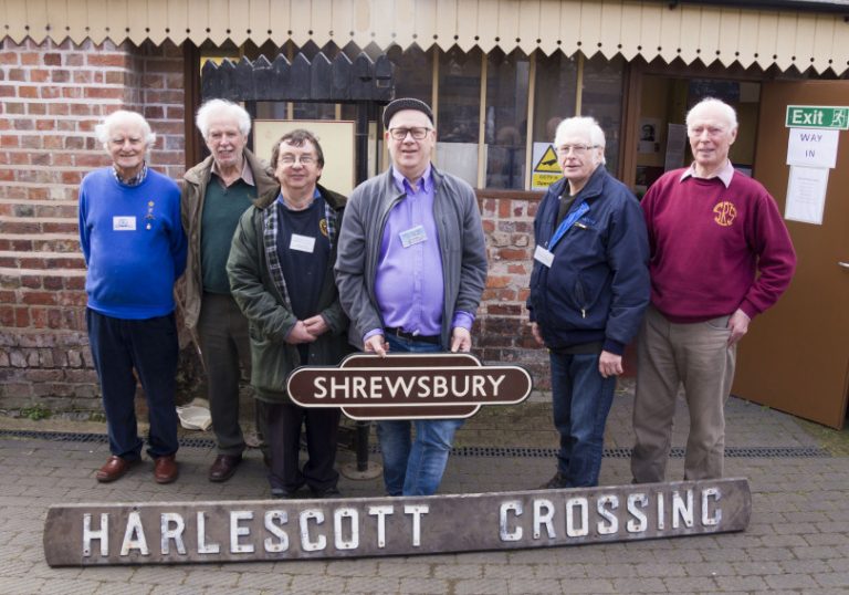 John Wall, MBE, TD, and a Founding Trustee of SRHT; Terence Turpin, Chairman of SRHT; Michael Llewellyn, SRHT; Dave Giddins, SRHT Archivist; with Trefor Jones and Berwyn Stephens of Shropshire Railway Society. Photo: Lorraine Fletcher