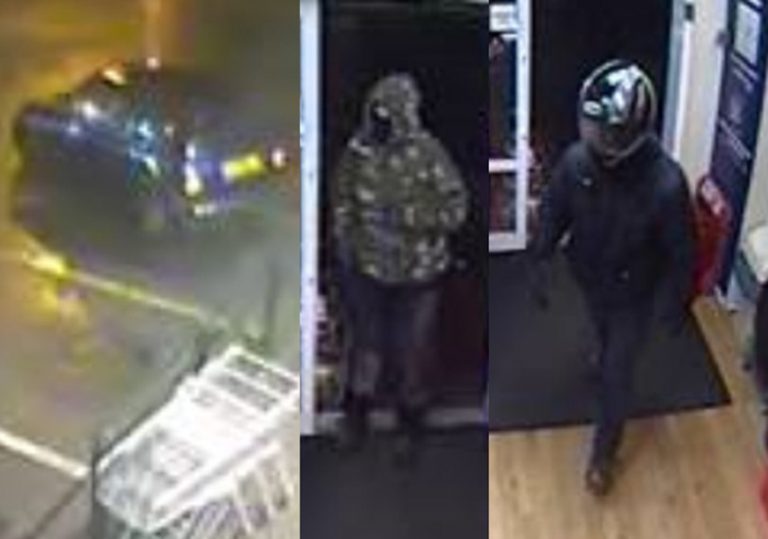 CCTV images of the men who carried out the robbery and the blue MINI they used