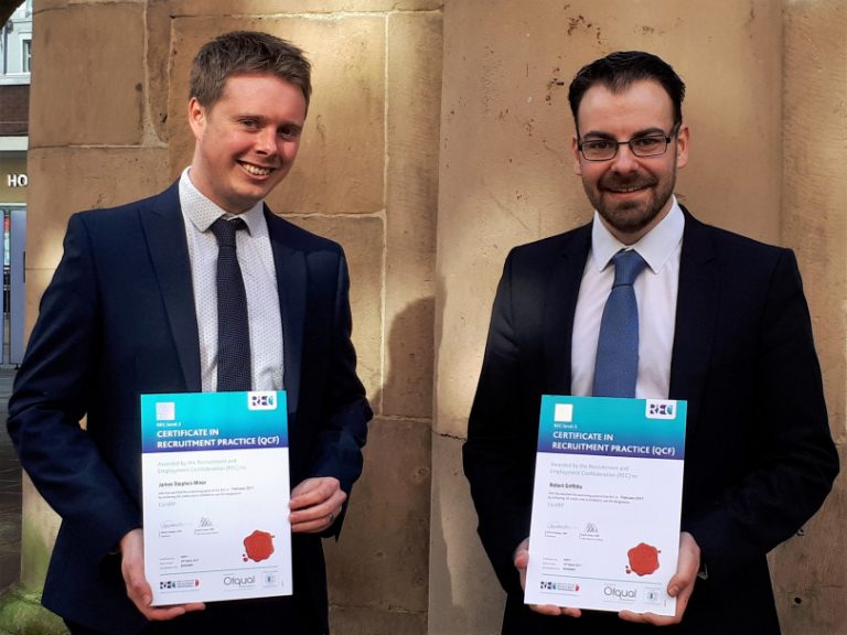 Recruitment Manager, Rob Griffiths and Recruitment Consultant, James Minor with their certificates