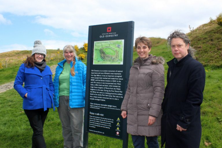 Pictured by the new sign are Annie Bethell (far left) and Helen Allen (second from right) of English Heritage, with local volunteers Neil Phillips and Maggie Rowlands