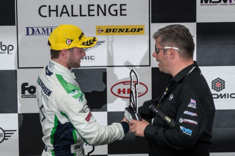 Rob Smith on the podium at the Snetterton 300 Circuit. Photo: Dave Young Photography