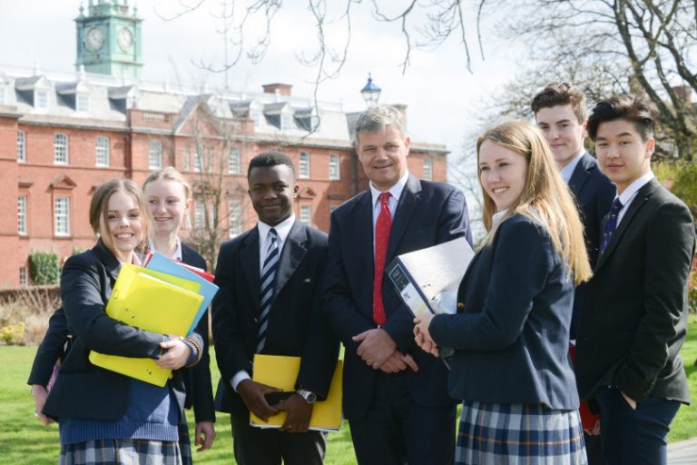 Headmaster, Mark Turner, with pupils at Shrewsbury School.