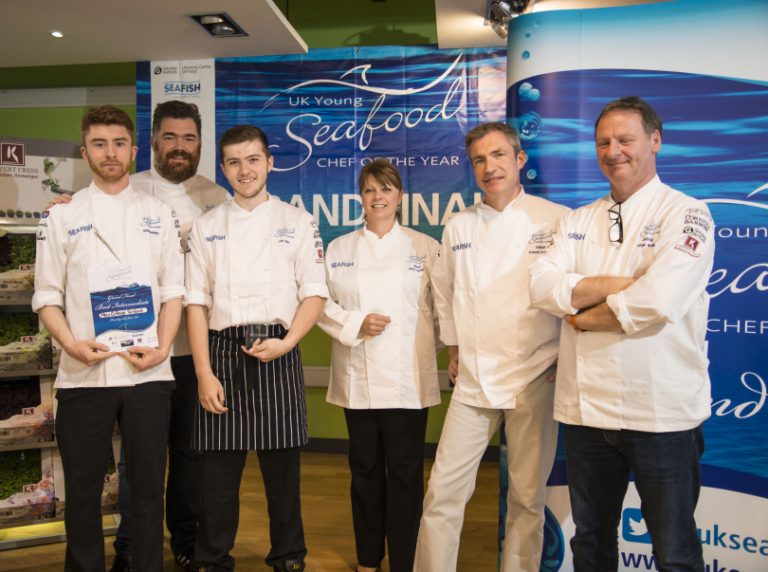 Adam Ashley and Joe Little with celebrity chef Nathan Outlaw, and other members of the judging panel, at the presentation of the ‘invention’ trophy and certificate