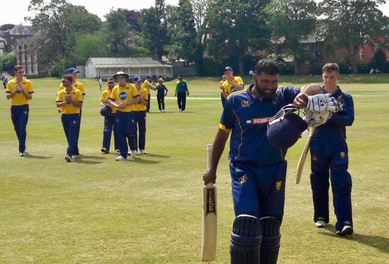 Wasim Jaffer, the former India Test star, is applauded by Shrewsbury’s young Australian batsman Tim Ward – they put on an unbroken 164 for the third wicket together – and the Shropshire players after hitting an unbeaten century in the first T20 match of the Pure Telecom Challenge event at Wrekin College