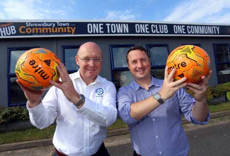 Martyn Rowlands, M.D of Pipekit and Jamie Edwards, Head of Community, Shrewsbury Town in the Community. Photo: Russ Davies Photography