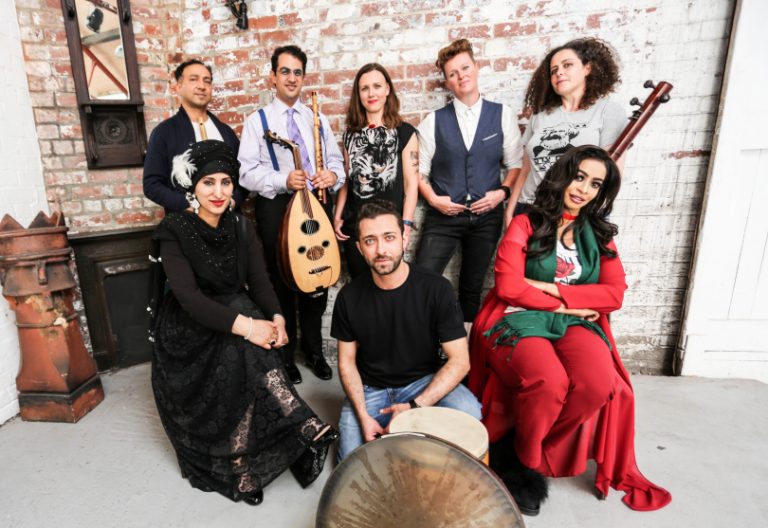The Passerine ensemble that will premiere new music celebrating diverse world cultures at Shrewsbury Folk Festival. Back (l-r) Vijay Venkat, Mina Salama, Heidi Tidow, Belinda O’Hooley, Avital Raz, and front (l-r) Sarah Yaseen, Arian Sadr and Shurooq Abu Nas