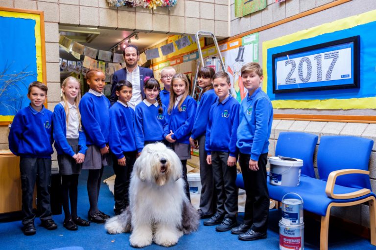 As part of their prize, the school received a visit from the Dulux Dog and Matthew Burton, Dulux's celebrity ambassador from Educating Yorkshire