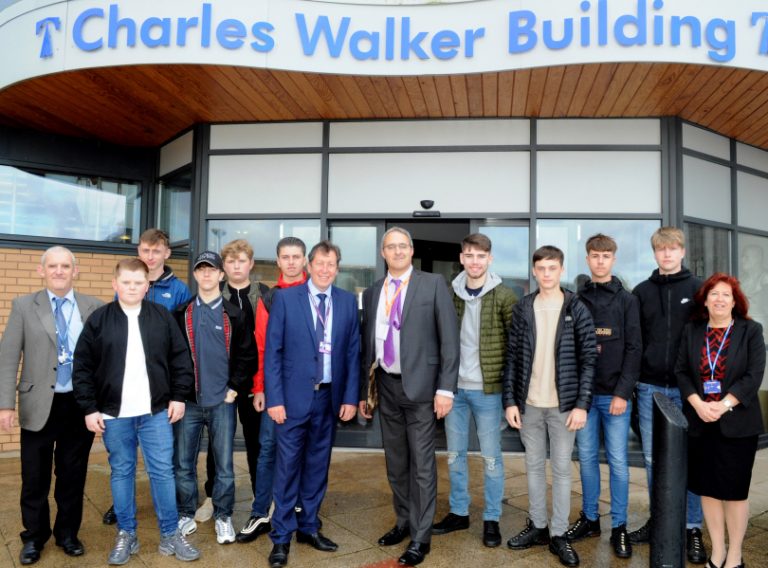 Jeff Fletcher, principal Graham Guest and Carol Smith from Telford College, and McPhillips contracts director Andrew Dunham, with the new apprentices - Jake Berriman, Jack Humphreys, Daniel Higginbottom, Regan Stanford, Jamie Evans, Oliver Lear, Lyen Cherrington, Jack Taylor, and Kian Campion