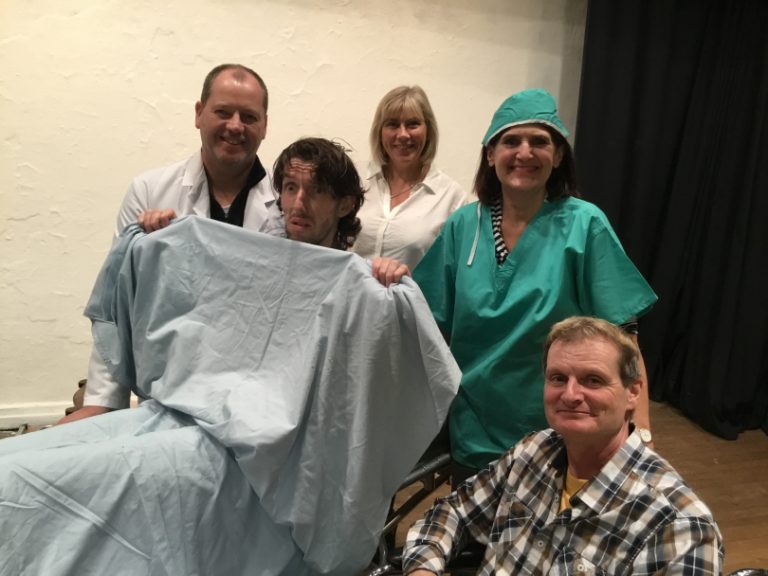 Curtain call, from left, David Griffin, Ben Savage (under the sheet), Claire Grigg, Gill Maclachlan and Bill Forester