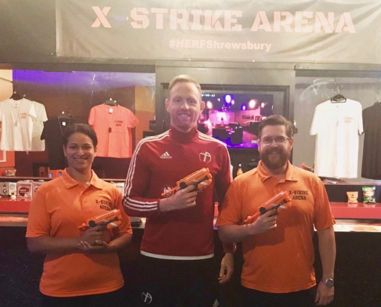 Ellen Eagles and Mark Williams, the owners of X-Strike Arena, with Gavin Cowan, centre, a Crossbar Foundation trustee