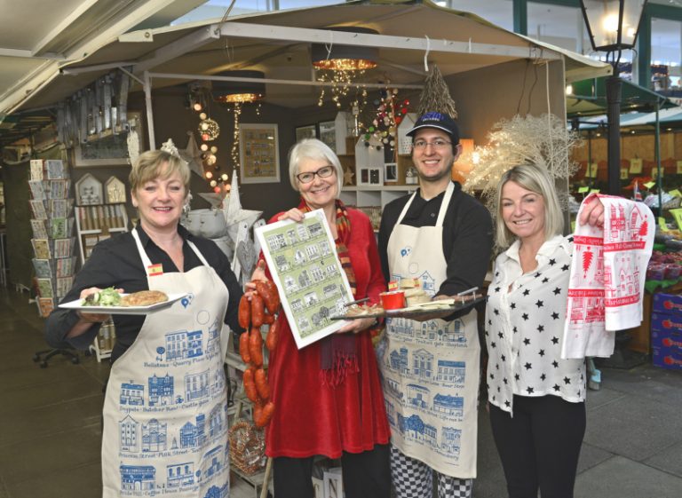 Frances O’Shea of Café Aleoli, Linda Edwards, waiter Carlos Acevedo Quintana and Anna Kayiatou of the Lovely Little World shop in the Market Hall