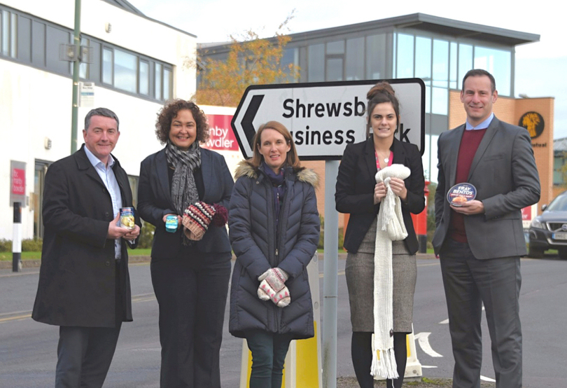 Pictured with some of the items they are donating to The Ark, from left Nick Jones and Chimene Felton of St James’s Place Wealth Management, Sharon Hutchinson of Pure Telecom and Clarissa Pritchard and Tom Devey of FBC Manby Bowdler, all based on Shrewsbury Business Park