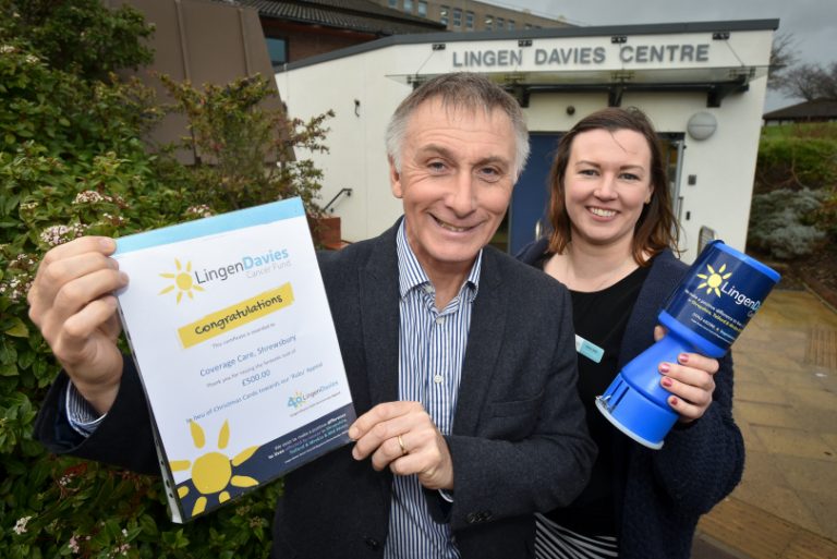 David Coull Chief Executive at Coverage Care Services with Naomi Atkin from the Lingen Davies Cancer Fund