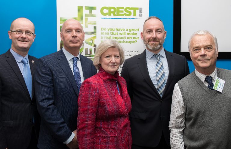 From left to right, Paul Kirkbright, UCS Deputy Provost, Adrian Platt, Chair of the Industry Advisory Panel, Prof Anna Sutton, UCS Provost, Dr David Gregory-Kumar, BBC West Midlands Science, Environment & Rural Affairs Correspondent and Prof Roy Alexander, University of Chester at the CREST launch
