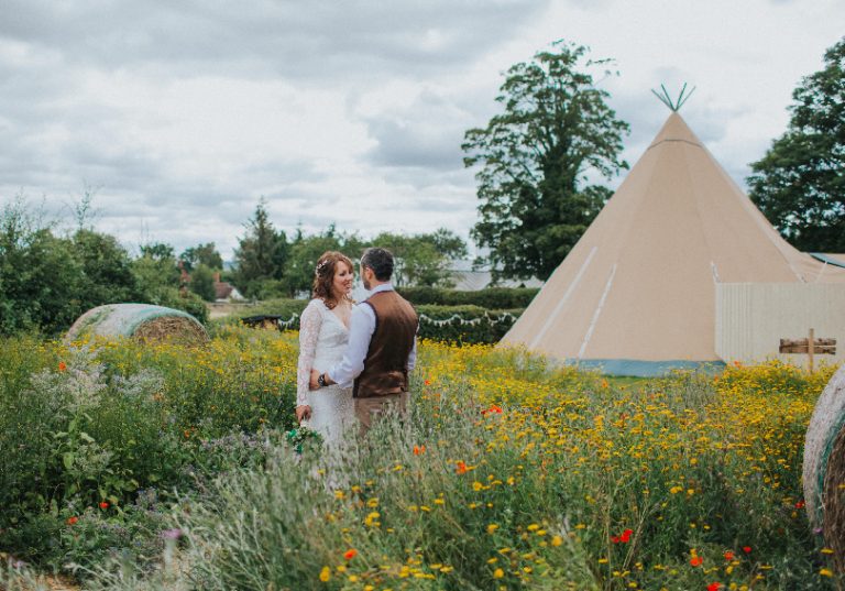 Laura Stephenson and Tim Collins were married in the rustic woodland ceremony site at The Wroxeter. Photo: Lisa Webb Photography