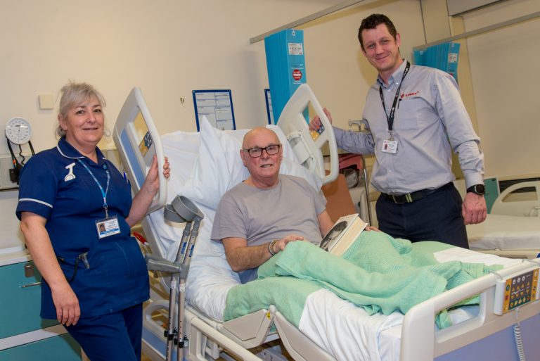 From left, Linda Head, Moving and Handling Co-ordinator at RJAH; patient Martin Griffiths, and Martin Davies, Regional Account Manager at Linet