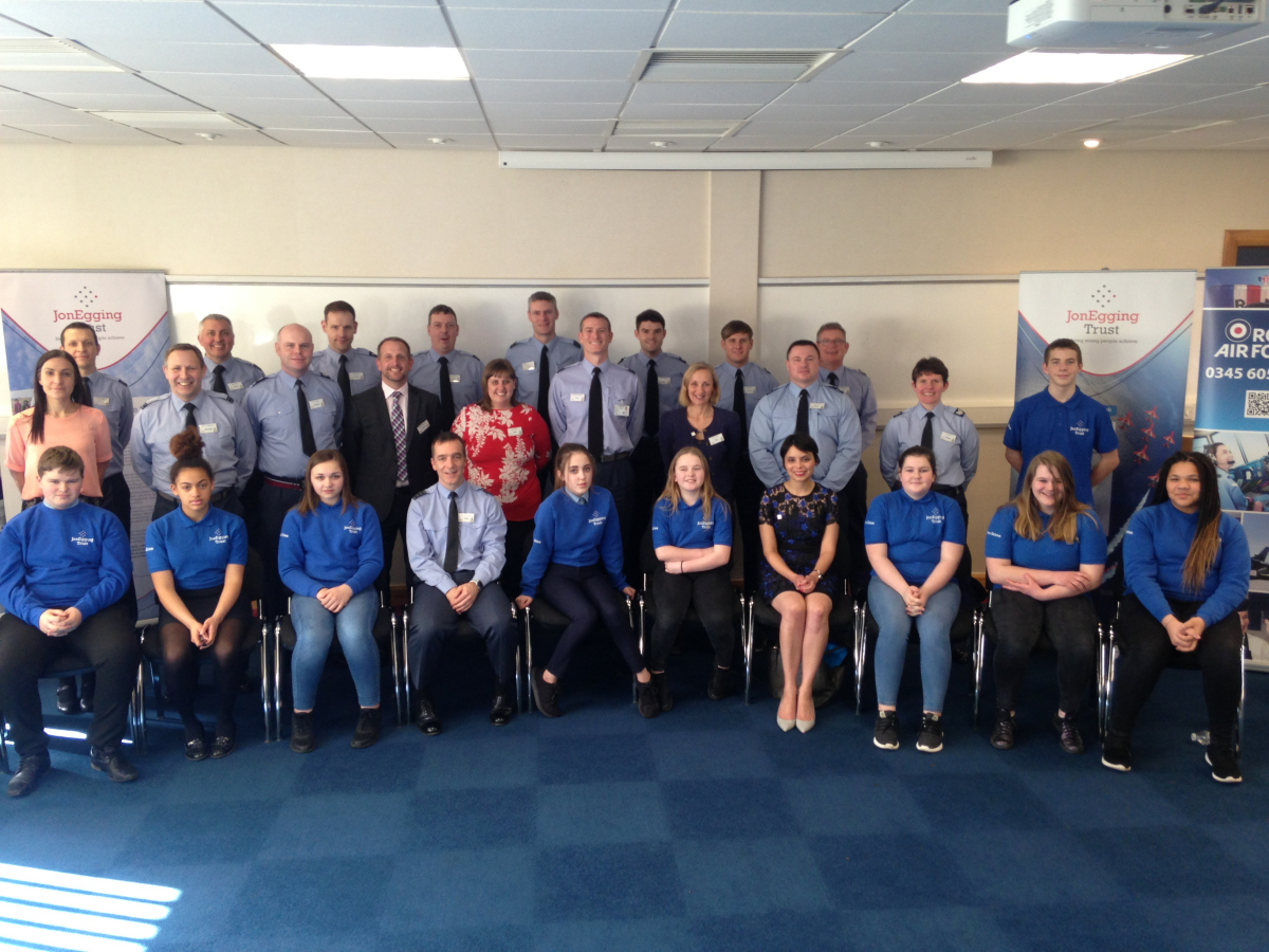 Students together with Dr Emma Egging, CEO of the Jon Egging Trust (front row fourth from right), Group Captain Tone Baker, Station Commander of RAF Cosford,  (front row, fourth from left) and Head Teacher of Charlton School, Andy McNaughton (standing second row, fourth from left)
