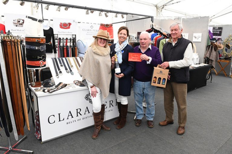 Ann (far left) and Bill Clarihew (centre right, holding Best Small Trade Stand Certificate) pictured with two of the Judging Committee being presented with their Show Awards. Photo: Badminton Official Photographer, Kit Houghton