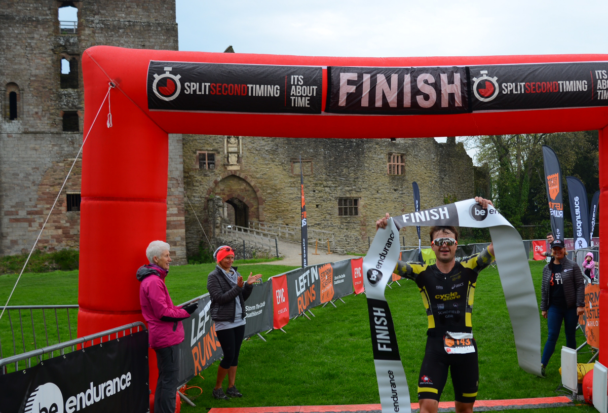 A jubilant Jack Schofield winner of Storm The Castle 2018 at the finish line